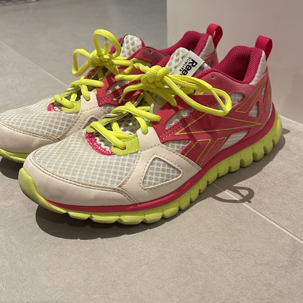 Reebok Sublite women pink neon yellow white size 6 sneakers shoes gym fitness